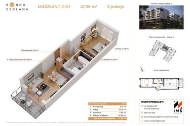 Rzut - Mieszkanie na sprzedaż 2 pokoje o powierzchni 47,03 m² - numer D.5.1 w Rondo Ceglana etap II