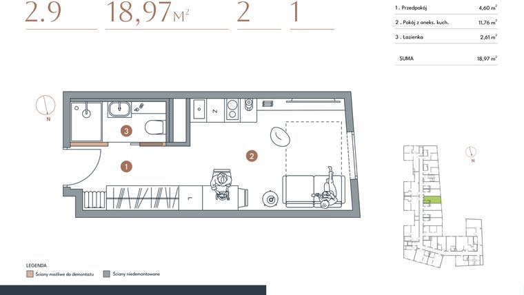 Rzut - Mieszkanie na sprzedaż 1 pokój o powierzchni 18,97 m² - numer 2.9 w Starowiejska 3