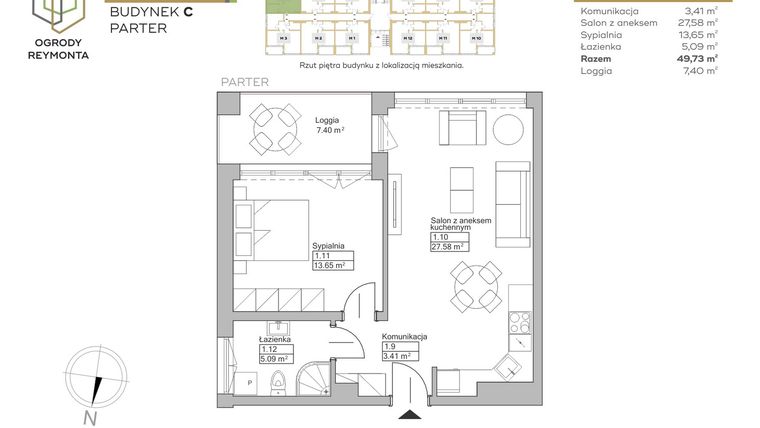 Rzut - Mieszkanie na sprzedaż 2 pokoje o powierzchni 49,73 m² - numer M4 w Ogrody Reymonta