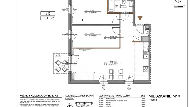 Rzut - Mieszkanie na sprzedaż 3 pokoje o powierzchni 67,73 m² - numer M10 w Kuźnicy Kołłątajowskiej 42