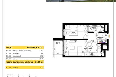Rzut - Mieszkanie na sprzedaż 2 pokoje o powierzchni 37,89 m² - numer B 2.03 w Park Moniuszki II C