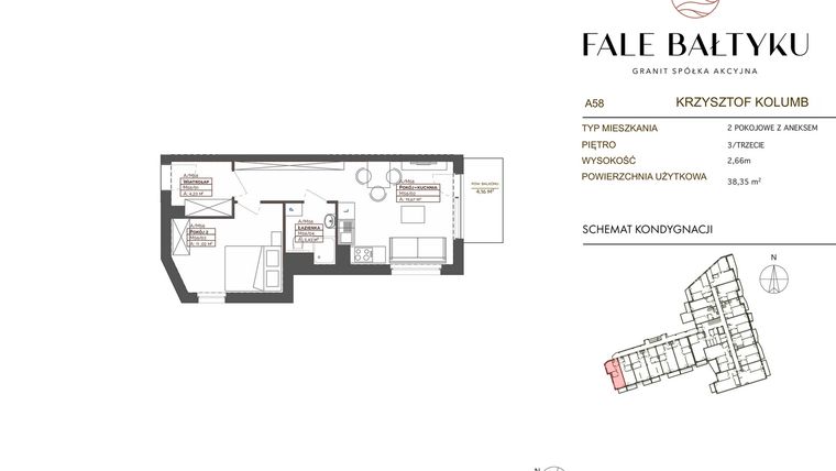Rzut - Mieszkanie na sprzedaż 2 pokoje o powierzchni 38,35 m² - numer FB-058-A58 w Fale Bałtyku Kolumb AB