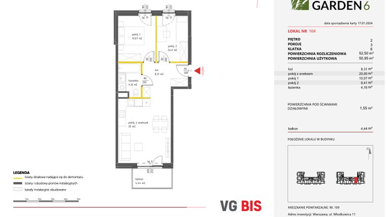 Rzut - Mieszkanie na sprzedaż 3 pokoje o powierzchni 52,5 m² - numer 104 w Nova Viva Garden 6