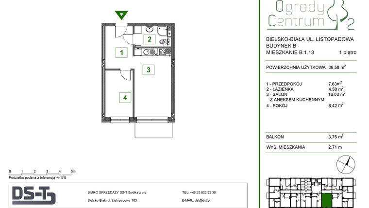 Rzut - Mieszkanie na sprzedaż 2 pokoje o powierzchni 36,58 m² - numer B.1.13 w Ogrody Centrum 2