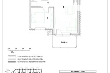 Rzut - Mieszkanie na sprzedaż 2 pokoje o powierzchni 36,69 m² - numer F1/P3/9 w Osiedle Jodłowa bud. F