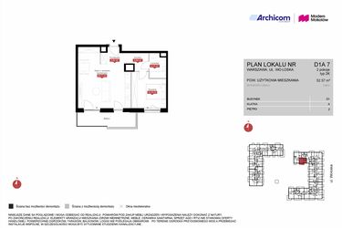Rzut - Mieszkanie na sprzedaż 2 pokoje o powierzchni 52,57 m² - numer D1A 7 w Modern Mokotów etap 4, budynek D1 i D2