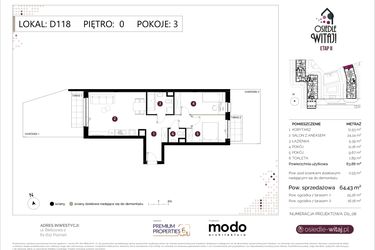 Rzut - Mieszkanie na sprzedaż 3 pokoje o powierzchni 64,43 m² - numer D118 w Osiedle Witaj etap II