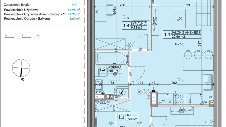 Rzut - Mieszkanie na sprzedaż 3 pokoje o powierzchni 54,95 m² - numer 58B w Osiedle Młodych etap IX