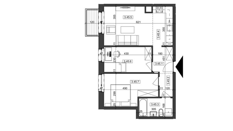 Rzut - Mieszkanie na sprzedaż 3 pokoje o powierzchni 56,36 m² - numer M45 w Wilcza 21