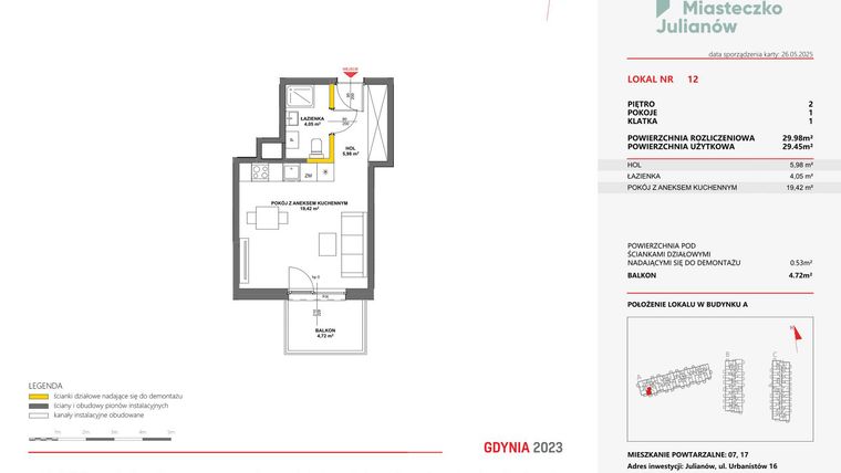 Rzut - Mieszkanie na sprzedaż 1 pokój o powierzchni 29,98 m² - numer 12 w Miasteczko Julianów