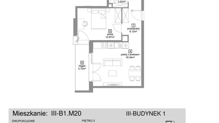 Rzut - Mieszkanie na sprzedaż 2 pokoje o powierzchni 48,93 m² - numer III-B1.M20 w Strefa Cegielnia 3
