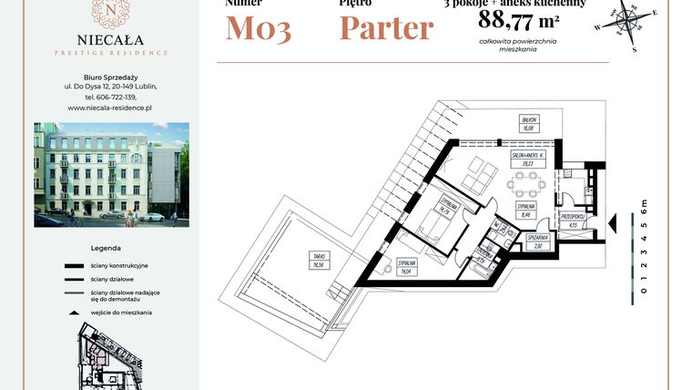 Rzut - Mieszkanie na sprzedaż 3 pokoje o powierzchni 88,77 m² - numer 3 w Niecała Prestige Residence