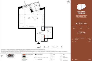 Rzut - Mieszkanie na sprzedaż 1 pokój o powierzchni 37 m² - numer K1.A.07.06 w Bulwary Praskie etap K i L