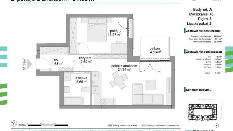 Rzut - Mieszkanie na sprzedaż 2 pokoje o powierzchni 51,38 m² - numer 78 w Osiedle Fokus Ursus