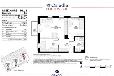 Rzut - Mieszkanie na sprzedaż 3 pokoje o powierzchni 54,69 m² - numer D1.18 w Osiedle Kociewskie etap III