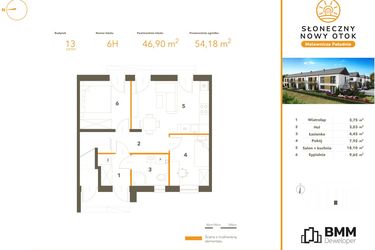 Rzut - Mieszkanie na sprzedaż 3 pokoje o powierzchni 46,9 m² - numer 6H w Słoneczny Nowy Otok - Malownicza Południe etap III