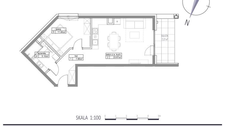 Rzut - Mieszkanie na sprzedaż 2 pokoje o powierzchni 48,17 m² - numer E11 w Apartamenty na Klifie bud. D, E i F