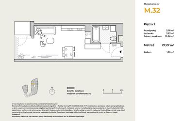 Rzut - Mieszkanie na sprzedaż 1 pokój o powierzchni 27,27 m² - numer M32 w Baja Piaśniki