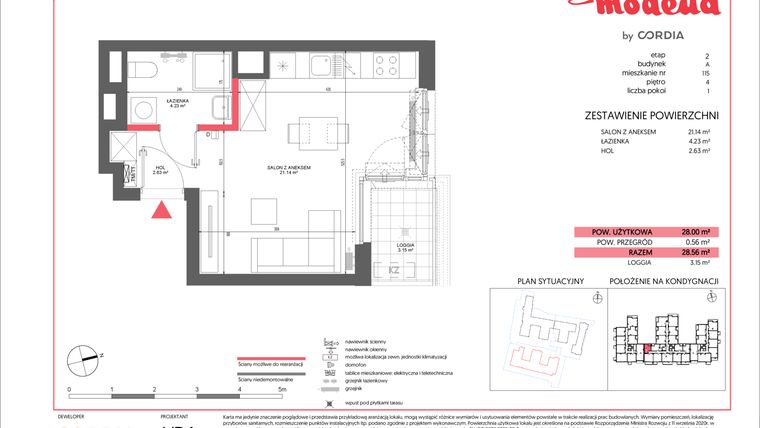 Rzut - Mieszkanie na sprzedaż 1 pokój o powierzchni 28 m² - numer A.115 w Modena II