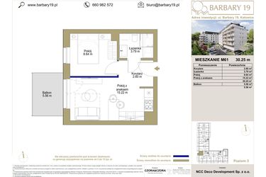 Rzut - Mieszkanie na sprzedaż 2 pokoje o powierzchni 30,25 m² - numer M61 w Barbary 19