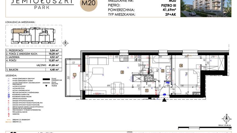 Rzut - Mieszkanie na sprzedaż 2 pokoje o powierzchni 41,69 m² - numer A2_M20 w Jemiołuszki Park etap 2