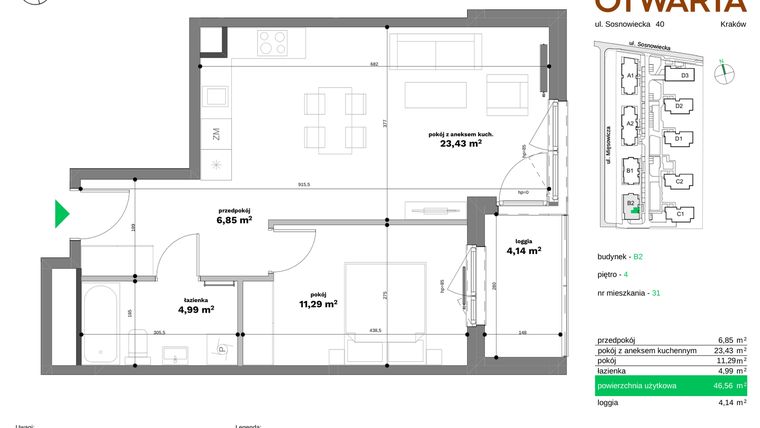 Rzut - Mieszkanie na sprzedaż 2 pokoje o powierzchni 46,56 m² - numer B2-31 w Forma Otwarta etap II