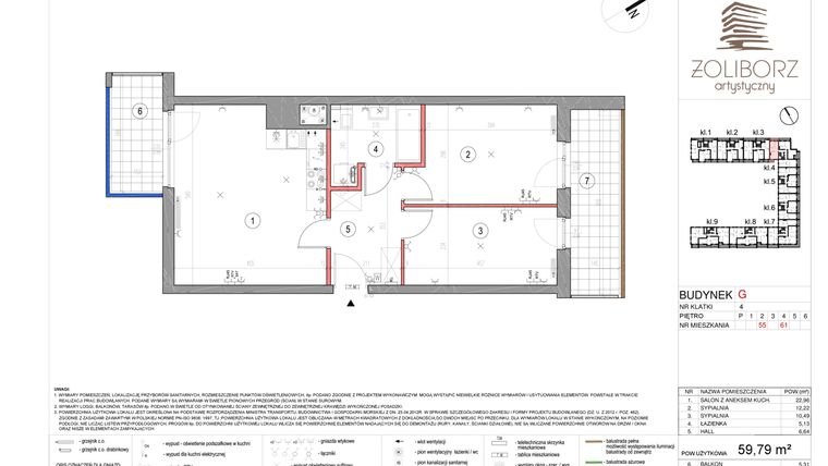 Rzut - Mieszkanie na sprzedaż 3 pokoje o powierzchni 59,79 m² - numer G.55 w Żoliborz Artystyczny