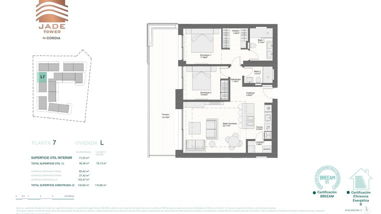 Rzut - Mieszkanie na sprzedaż 2 pokoje o powierzchni 95,66 m² - numer 7L w Jade Tower - Cordia