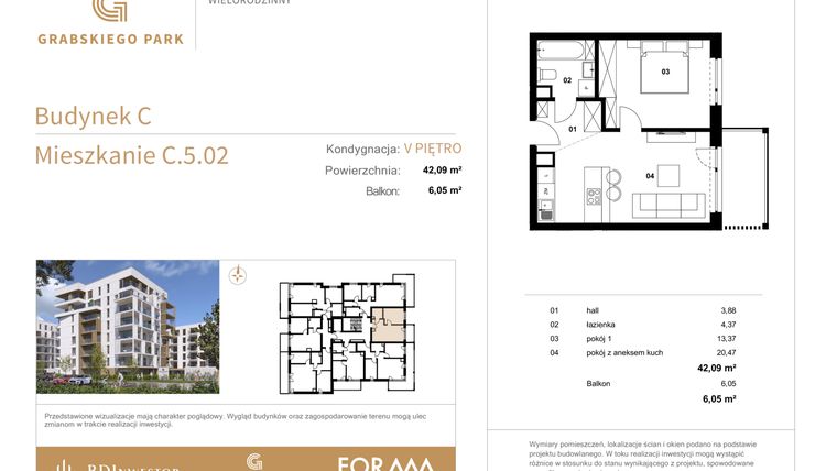 Rzut - Mieszkanie na sprzedaż 2 pokoje o powierzchni 42,09 m² - numer C.5.02 w Grabskiego Park