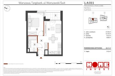 Rzut - Mieszkanie na sprzedaż 2 pokoje o powierzchni 38,57 m² - numer WS-L-A011 w Warszawski Świt etap XII