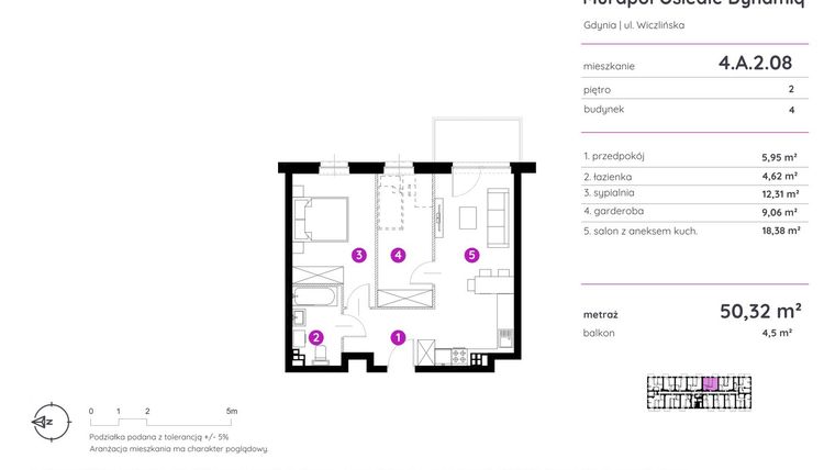 Rzut - Mieszkanie na sprzedaż 2 pokoje o powierzchni 50,32 m² - numer 4.A.2.08 w Murapol Osiedle Dynamiq