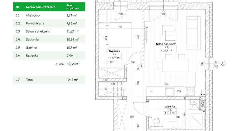 Rzut - Mieszkanie na sprzedaż 3 pokoje o powierzchni 58,36 m² - numer C6M11 w Nefrytowa Park