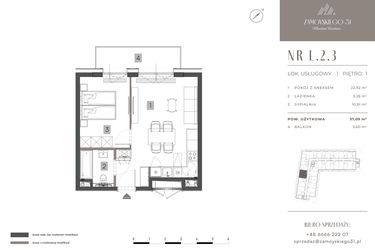 Rzut - Mieszkanie na sprzedaż 2 pokoje o powierzchni 37,09 m² - numer L.2.3 w Zamoyskiego 31