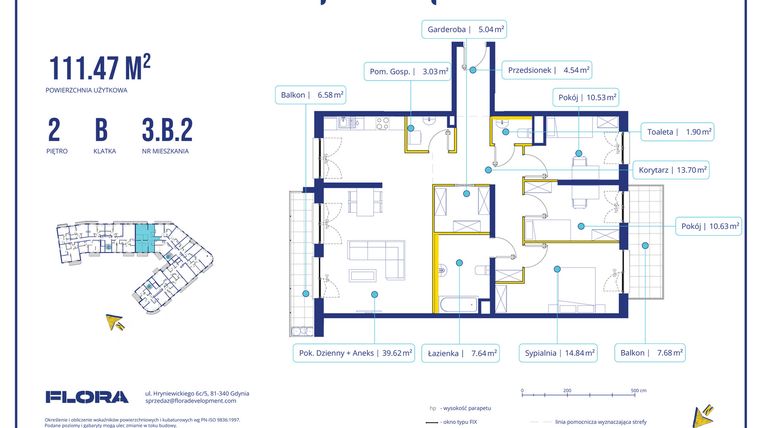 Rzut - Mieszkanie na sprzedaż 4 pokoje o powierzchni 111,47 m² - numer 3.B.2 w Piotra 4