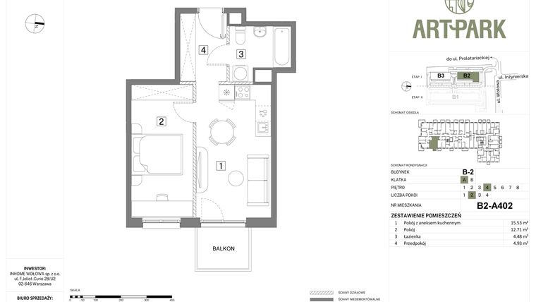 Rzut - Mieszkanie na sprzedaż 2 pokoje o powierzchni 37,65 m² - numer B.2.A402 w Inhome Osiedle ArtPark etap I