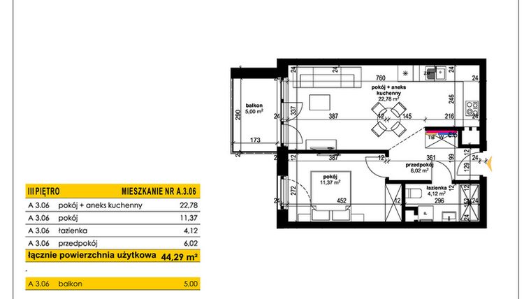 Rzut - Mieszkanie na sprzedaż 2 pokoje o powierzchni 44,29 m² - numer A 3.06 w Park Moniuszki II C