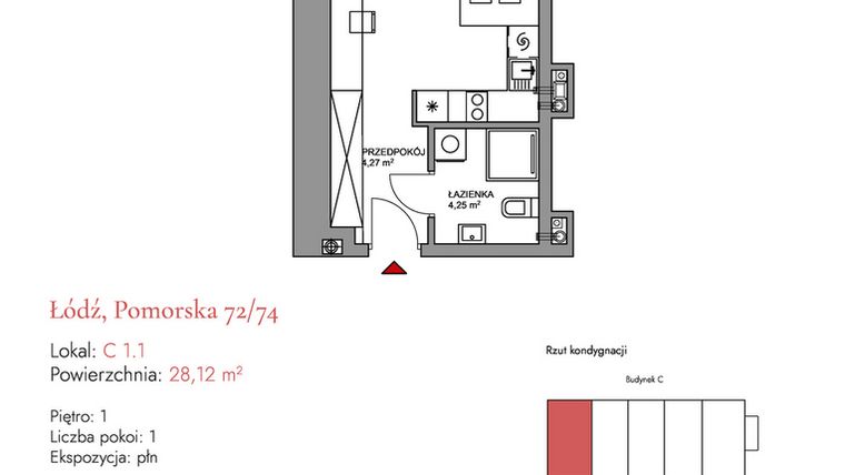 Rzut - Mieszkanie na sprzedaż 1 pokój o powierzchni 29,84 m² - numer C 1.1 w Melody Loft