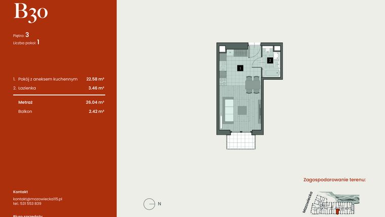 Rzut - Mieszkanie na sprzedaż 1 pokój o powierzchni 26,04 m² - numer B30 w Mazowiecka 115