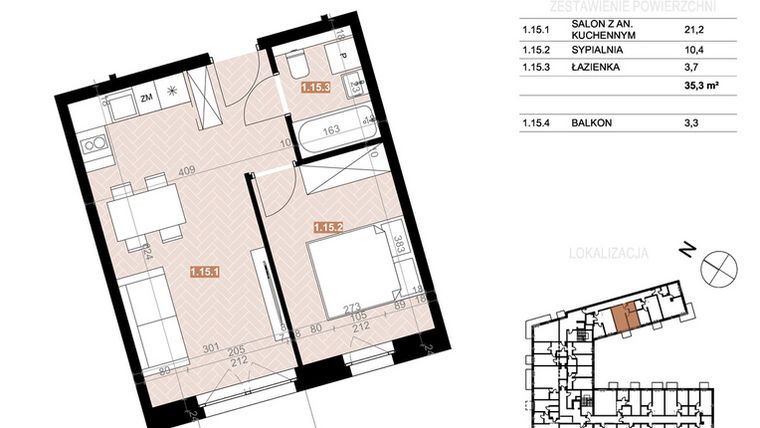 Rzut - Mieszkanie na sprzedaż 2 pokoje o powierzchni 35,3 m² - numer 115 w Szczecińska 20