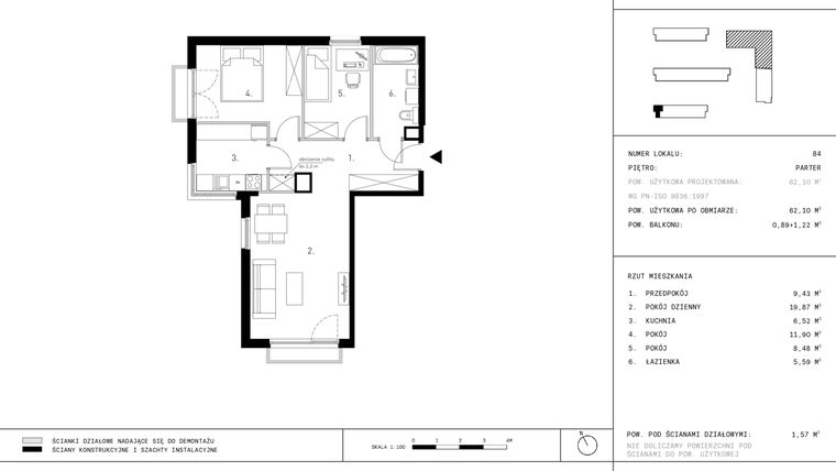 Rzut - Mieszkanie na sprzedaż 3 pokoje o powierzchni 62,1 m² - numer C10.0 w Wynalazek 3A