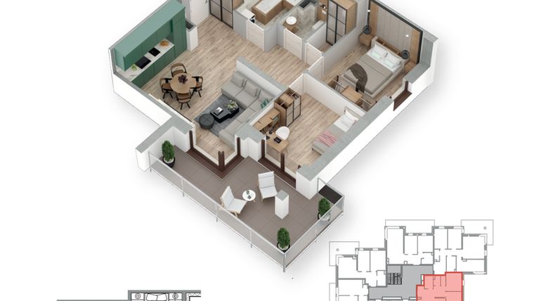 Rzut - Mieszkanie na sprzedaż 3 pokoje o powierzchni 59,41 m² - numer 19 w Villa Park - Etap III