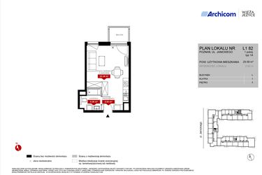 Rzut - Mieszkanie na sprzedaż 1 pokój o powierzchni 29,58 m² - numer L1.82 w Wieża Jeżyce etap VI