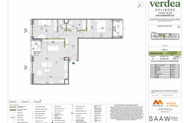 Rzut - Mieszkanie na sprzedaż 3 pokoje o powierzchni 74,02 m² - numer F1.A.02.01 w Verdea Żoliborz