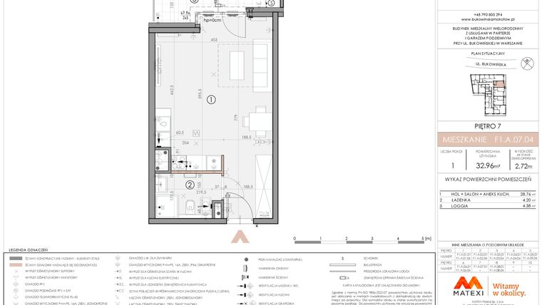 Rzut - Mieszkanie na sprzedaż 1 pokój o powierzchni 32,96 m² - numer F1.A.07.04 w Bukowińska Mokotów