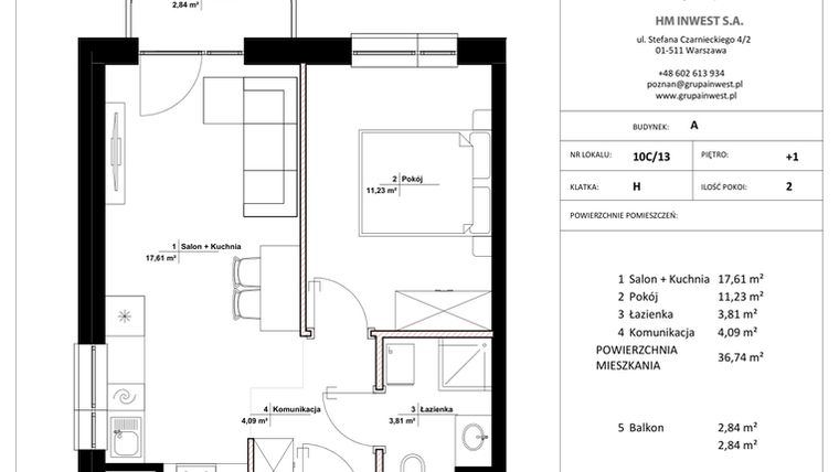 Rzut - Mieszkanie na sprzedaż 2 pokoje o powierzchni 36,74 m² - numer 10C/13 w Jasielska 8C etap II