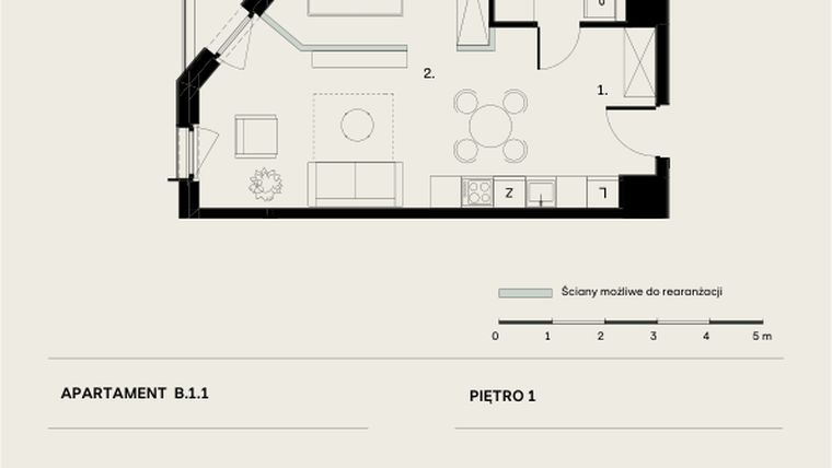 Rzut - Mieszkanie na sprzedaż 2 pokoje o powierzchni 43,02 m² - numer B/1/1 w Ogrodowa 12