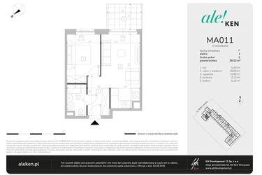 Rzut - Mieszkanie na sprzedaż 2 pokoje o powierzchni 39,02 m² - numer MA011 w Ale!Ken