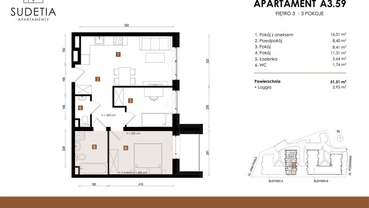 Rzut - Mieszkanie na sprzedaż 3 pokoje o powierzchni 51,51 m² - numer A 3.59 w Apartamenty Sudetia