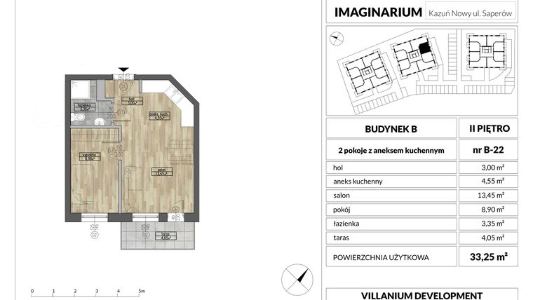 Rzut - Mieszkanie na sprzedaż 2 pokoje o powierzchni 33,25 m² - numer 22 w Imaginarium Kazuń Nowy - bud. B