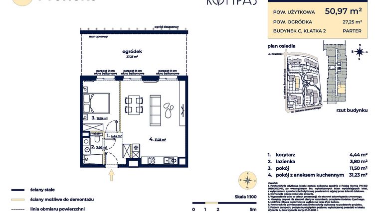 Rzut - Mieszkanie na sprzedaż 2 pokoje o powierzchni 50,97 m² - numer C34 w Osiedle Kompas